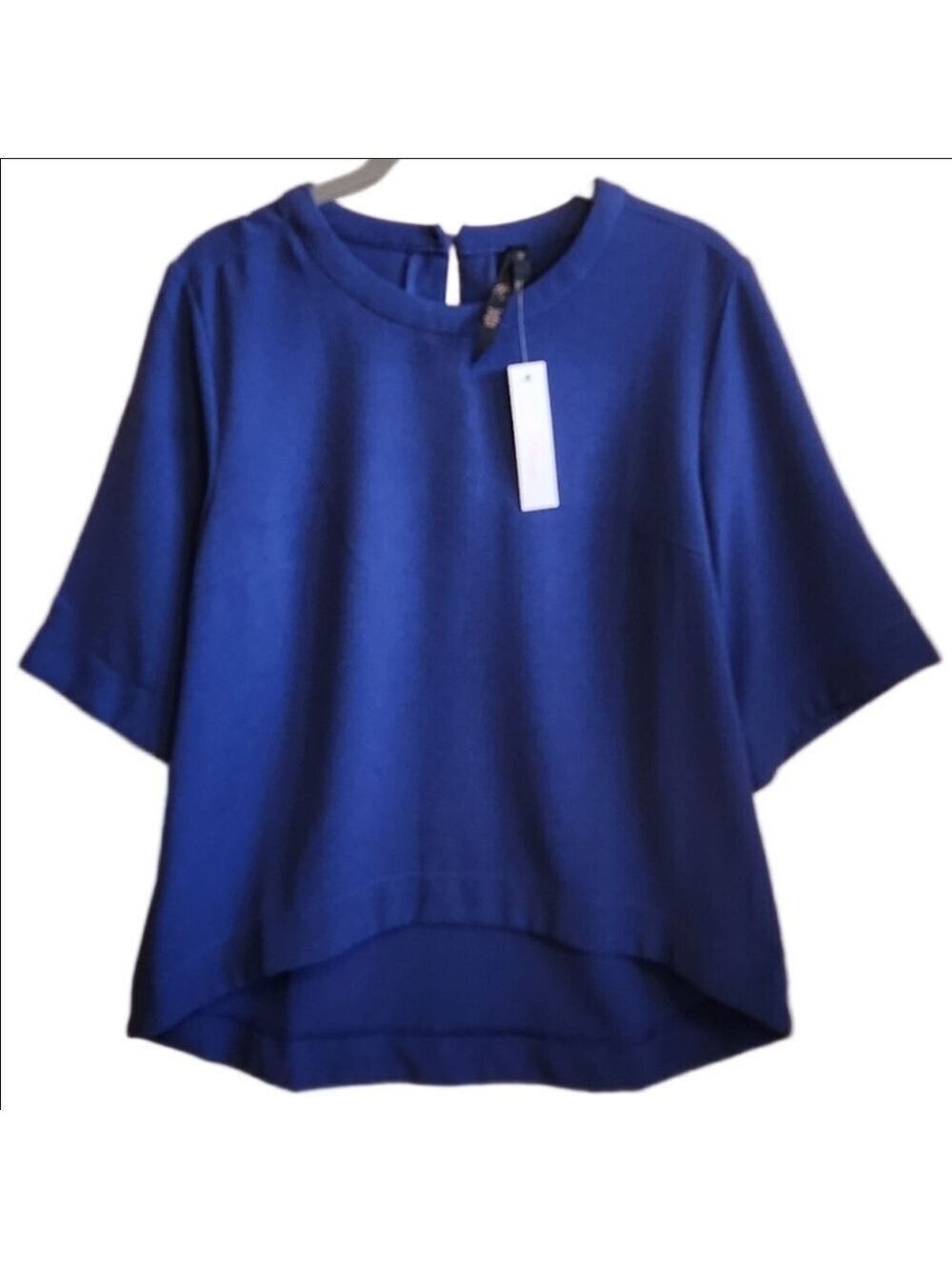 SEVEN7 FOR MELISSA MCCARTHY BLUE SHORT SLEEVE HI LOW TOP SHIRT SMALL NWT